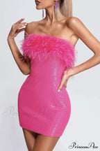 Sequins Pack Hip Dress with Fuzzy Strapless Design image 1