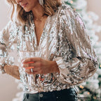 Sequins V Neck Office Lady Lantern Sleeve Blouse image 5