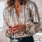 Sequins V Neck Office Lady Lantern Sleeve Blouse image 1