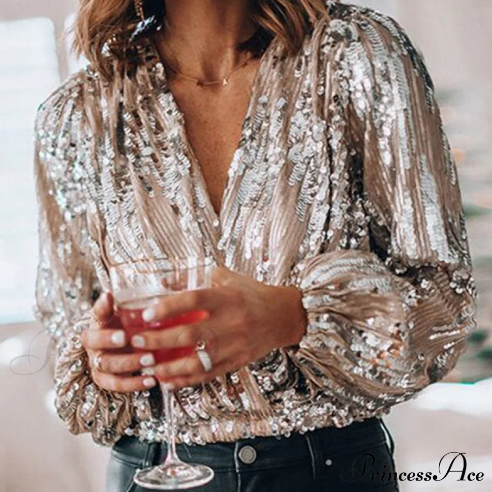 Sequins V Neck Office Lady Lantern Sleeve Blouse image 1