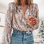Sequins V Neck Office Lady Lantern Sleeve Blouse image 6