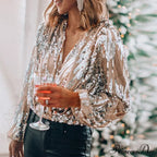 Sequins V Neck Office Lady Lantern Sleeve Blouse image 3