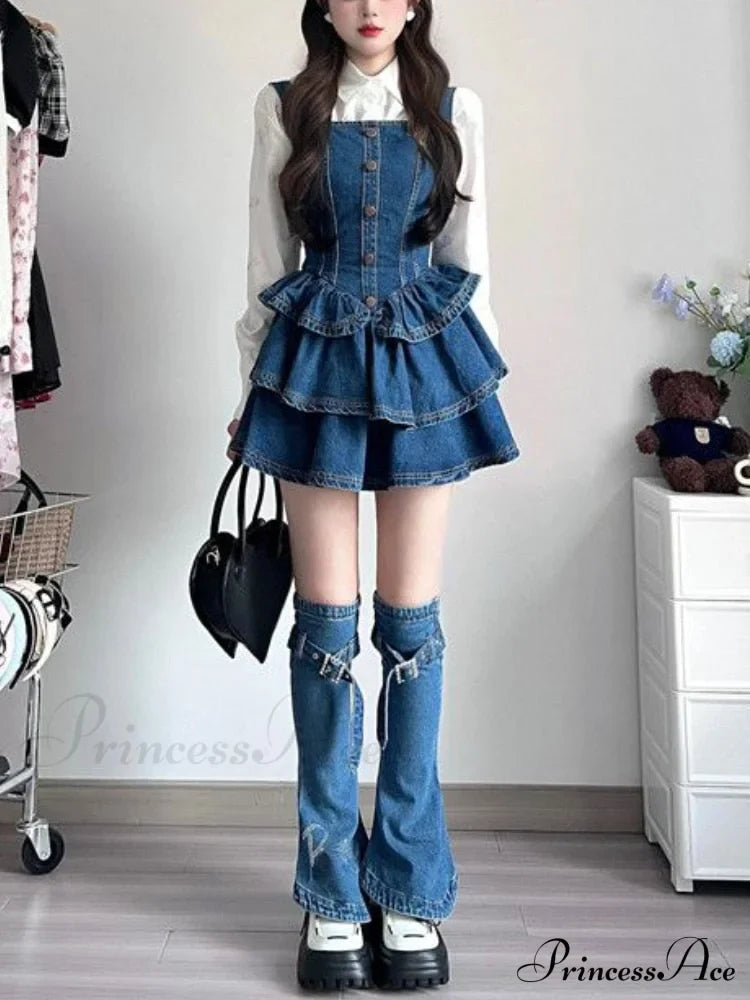 Set Y2k Vintage Sleeveless Korean Camisole Women Jean Autumn Piece Mini 3 Gown Slim Denim Fashion Clothing Gown 2024 image 1