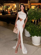 Sexy Asymmetrical Neck Hollow Out White Sleeveless Split Ruched Party Dress image 3