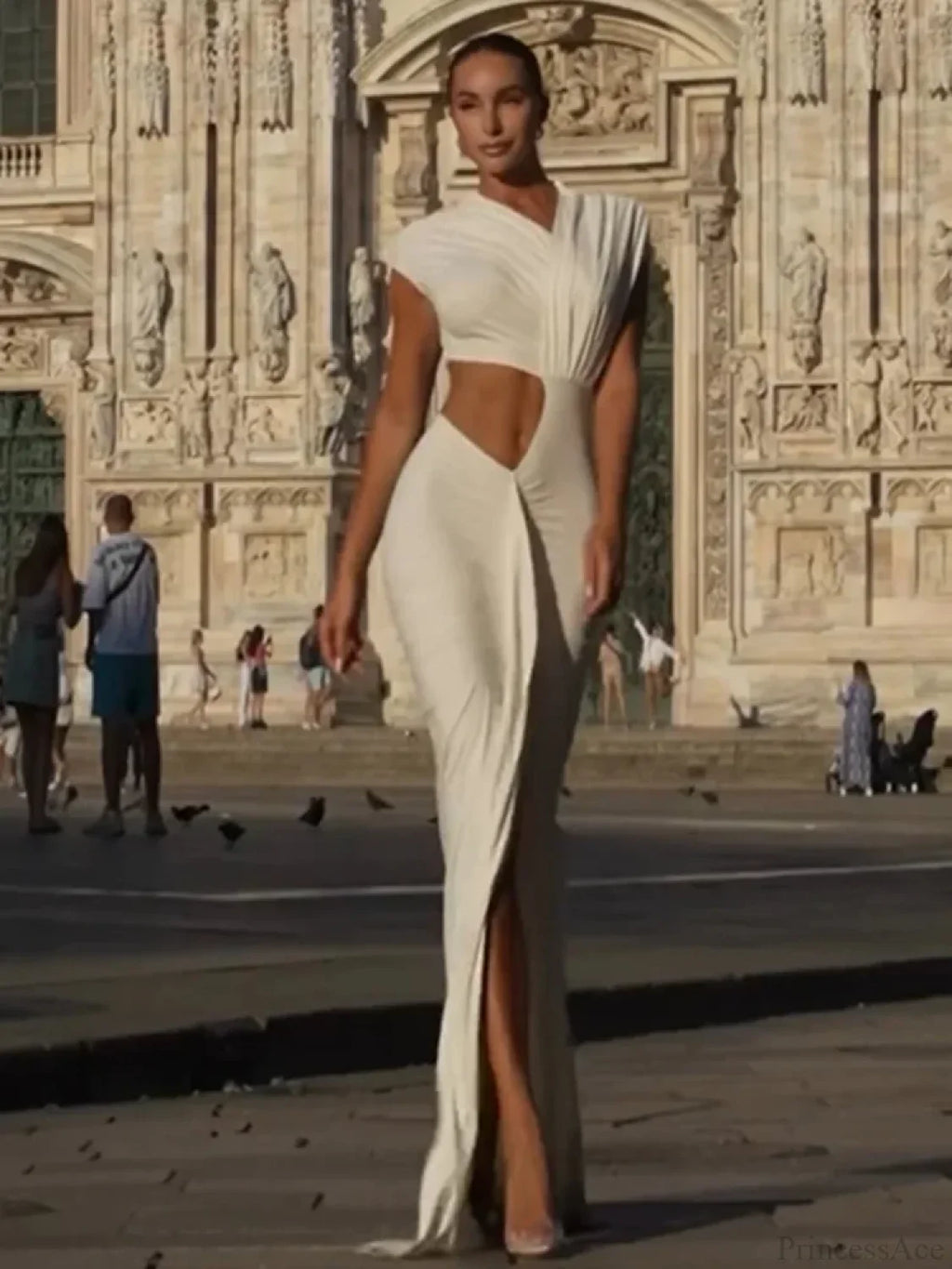 Sexy Asymmetrical Neck Hollow Out White Sleeveless Split Ruched Party Dress image 1