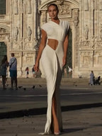 Sexy Asymmetrical Neck Hollow Out White Sleeveless Split Ruched Party Dress image 1