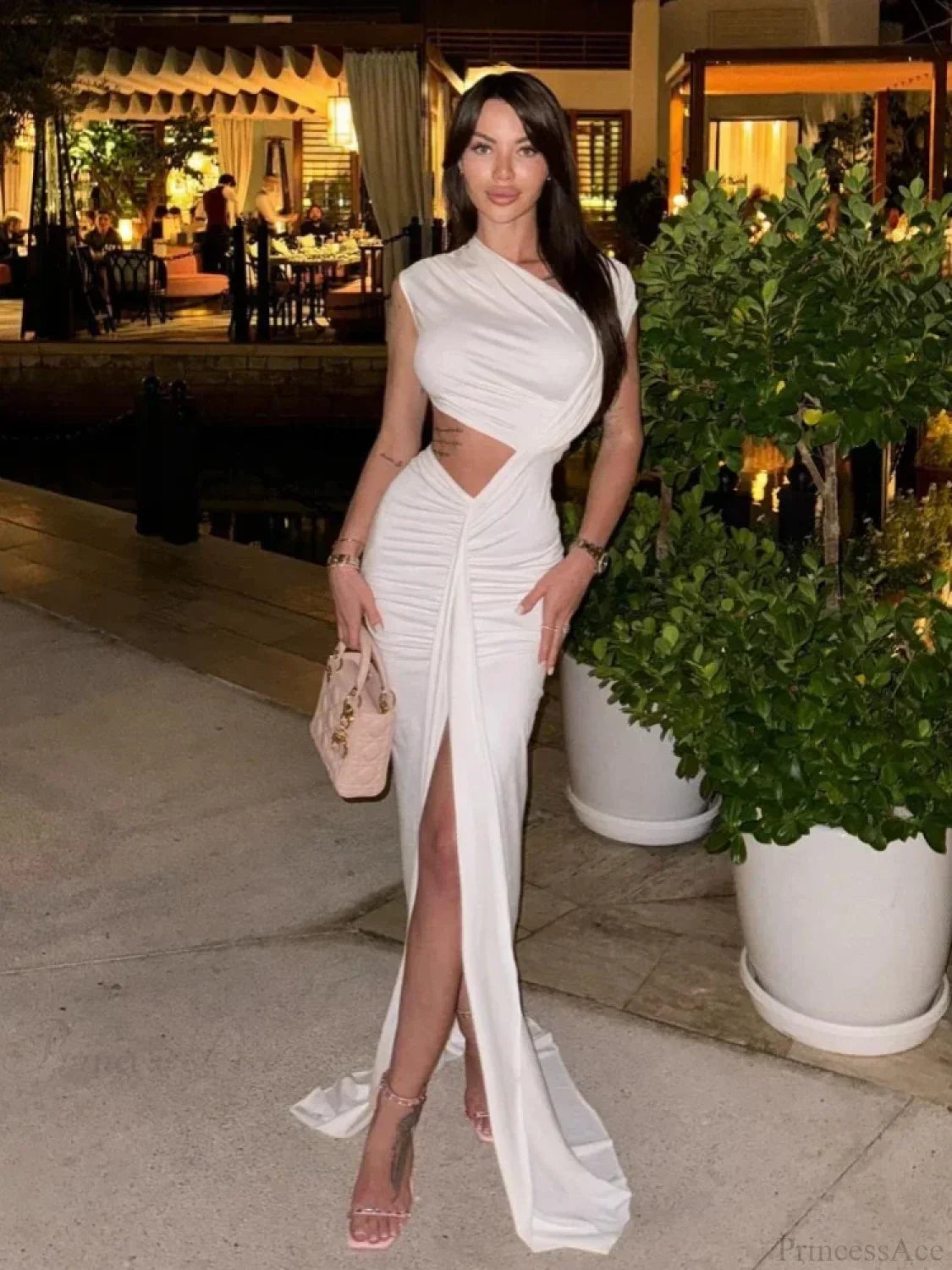 Sexy Asymmetrical Neck Hollow Out White Sleeveless Split Ruched Party Dress image 5