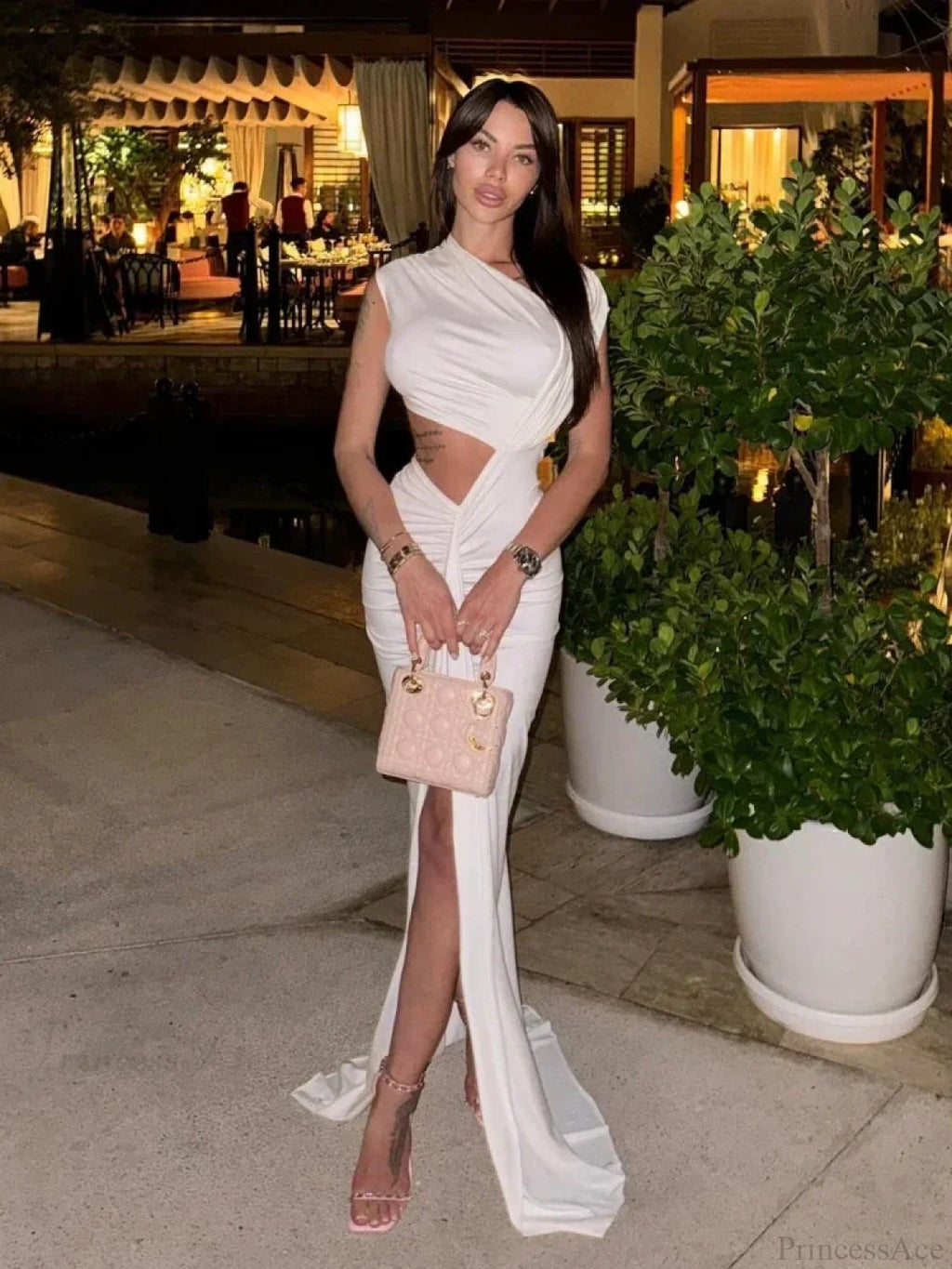Sexy Asymmetrical Neck Hollow Out White Sleeveless Split Ruched Party Dress image 4