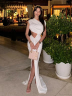 Sexy Asymmetrical Neck Hollow Out White Sleeveless Split Ruched Party Dress image 4