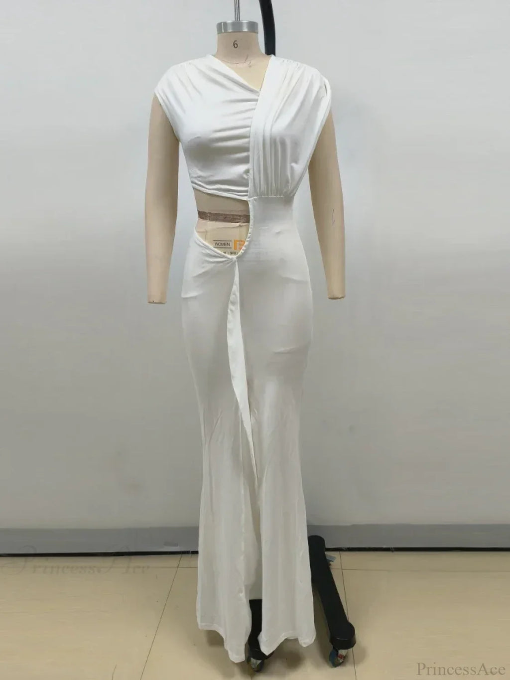 Sexy Asymmetrical Neck Hollow Out White Sleeveless Split Ruched Party Dress image 7