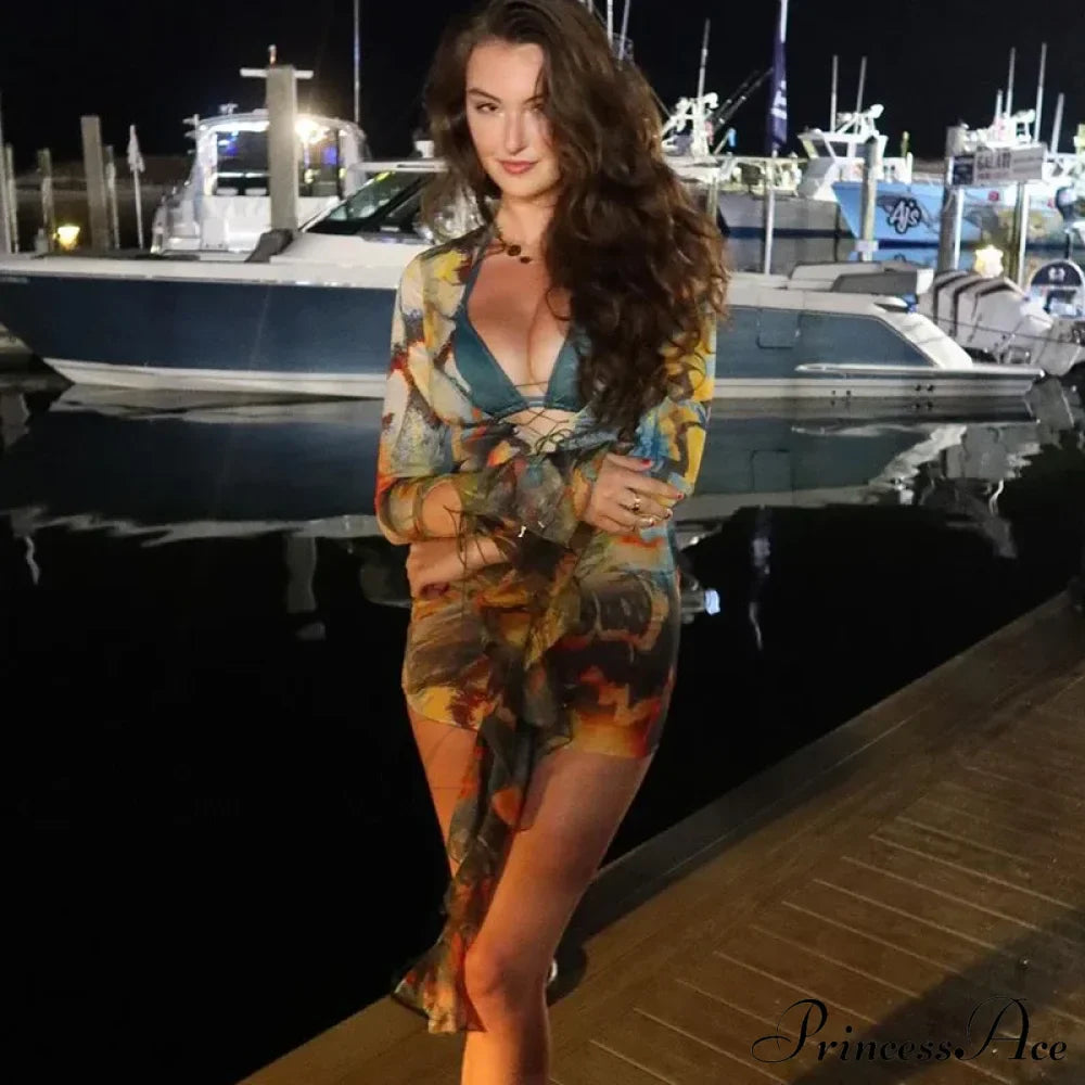 Sexy Bandage Lace Up Deep V Long Sleeve Mini Dress image 2