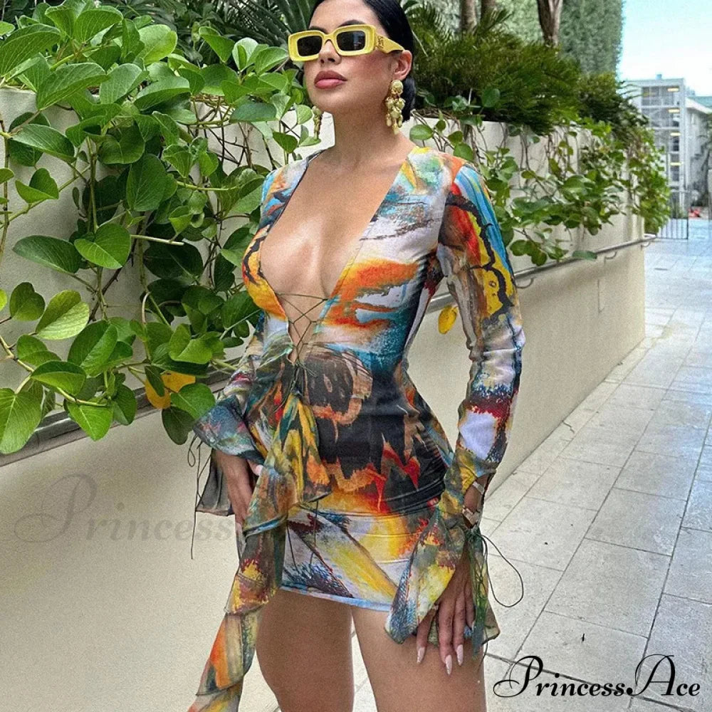 Sexy Bandage Lace Up Deep V Long Sleeve Mini Dress image 1