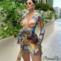 Sexy Bandage Lace Up Deep V Long Sleeve Mini Dress image 1