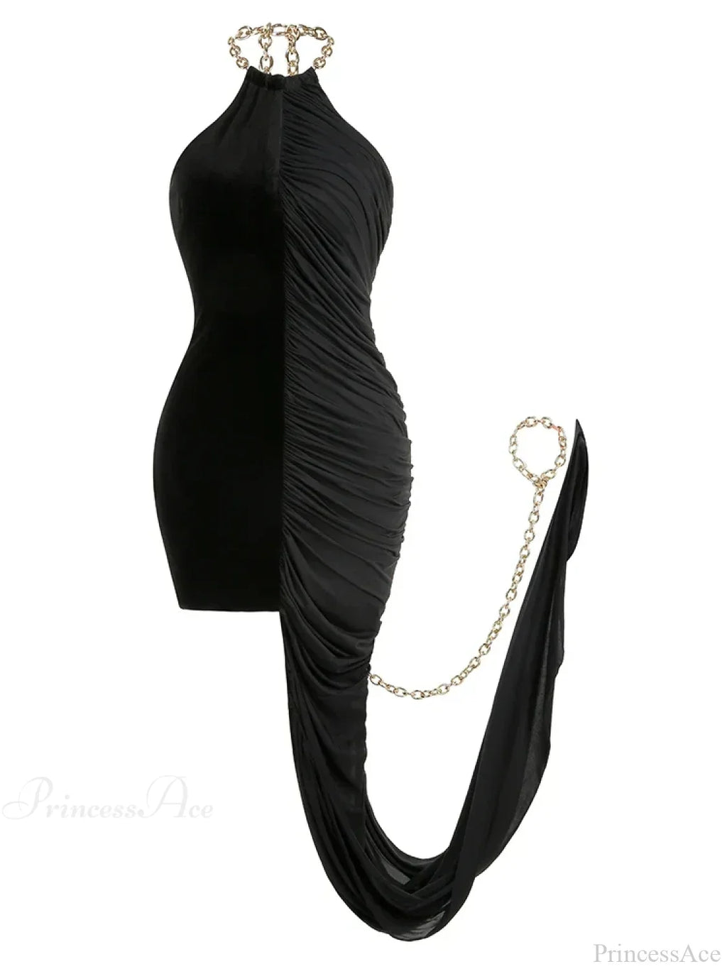 Sexy Chain Halter Neck Patchwork Flods Black Sleeveless Backless Evening Party Dress image 7