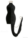Sexy Chain Halter Neck Patchwork Flods Black Sleeveless Backless Evening Party Dress image 7