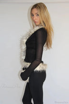 Sexy Chic Fur Collar Tulle Panel Cropped Long Sleeve Blouse image 3