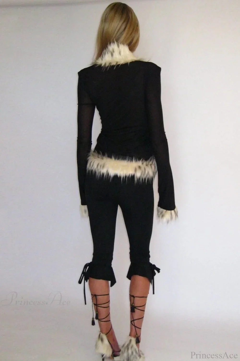 Sexy Chic Fur Collar Tulle Panel Cropped Long Sleeve Blouse image 5