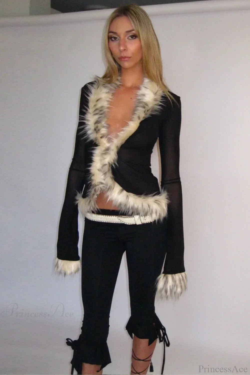Sexy Chic Fur Collar Tulle Panel Cropped Long Sleeve Blouse image 2