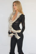 Sexy Chic Fur Collar Tulle Panel Cropped Long Sleeve Blouse image 1