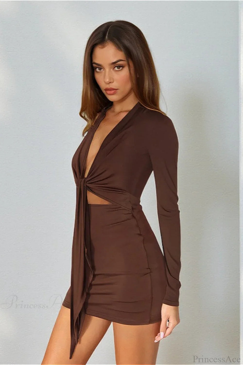Sexy Deep V Knit Long Sleeve Hollow Out Bodycon Mini Dress image 4