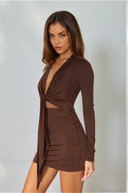 Sexy Deep V Knit Long Sleeve Hollow Out Bodycon Mini Dress image 4