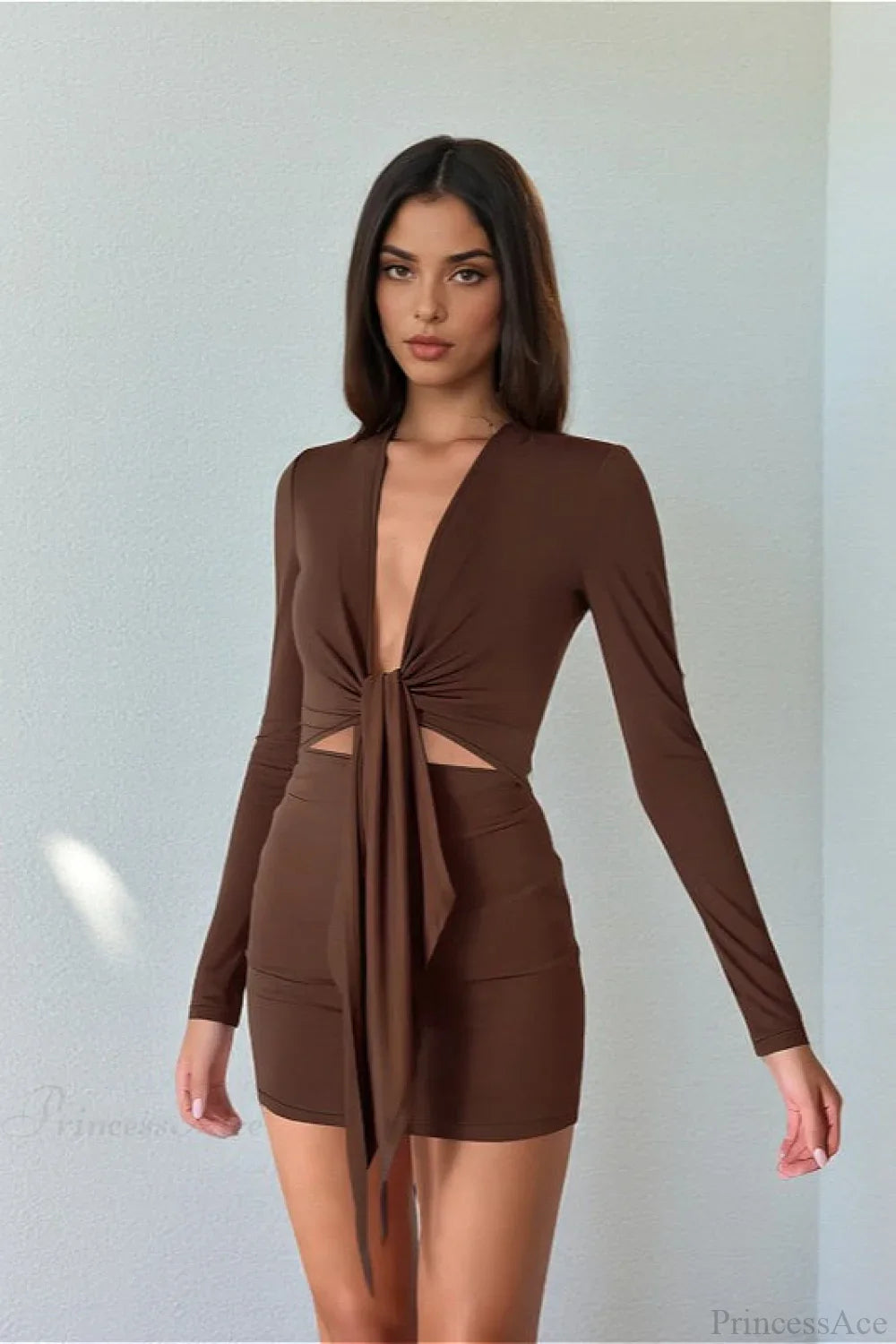 Sexy Deep V Knit Long Sleeve Hollow Out Bodycon Mini Dress image 3