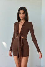 Sexy Deep V Knit Long Sleeve Hollow Out Bodycon Mini Dress image 3