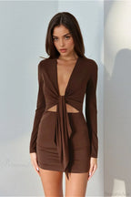 Sexy Deep V Knit Long Sleeve Hollow Out Bodycon Mini Dress image 1