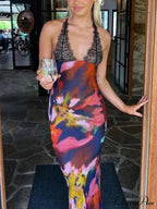 Sexy Deep V Lace Graceful Patchwork Printed Auspender Maxi Dress image 3
