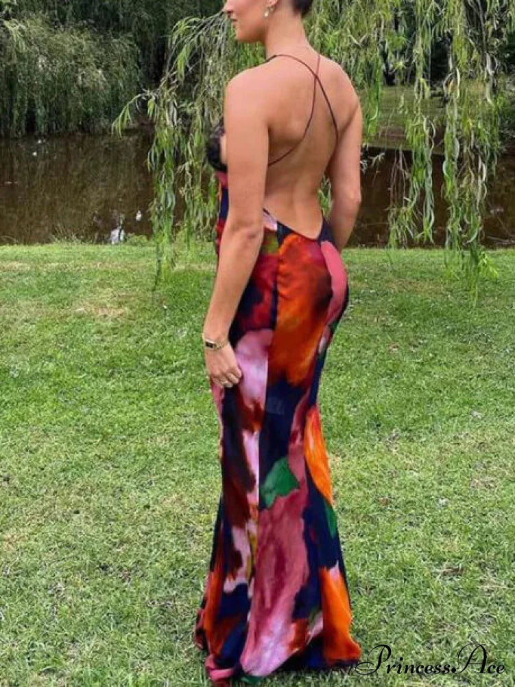 Sexy Deep V Lace Graceful Patchwork Printed Auspender Maxi Dress image 4