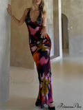 Sexy Deep V Lace Graceful Patchwork Printed Auspender Maxi Dress image 2
