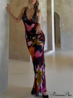 Sexy Deep V Lace Graceful Patchwork Printed Auspender Maxi Dress image 2