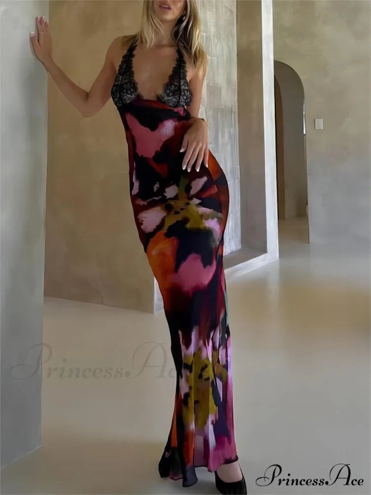 Sexy Deep V Lace Graceful Patchwork Printed Auspender Maxi Dress image 2