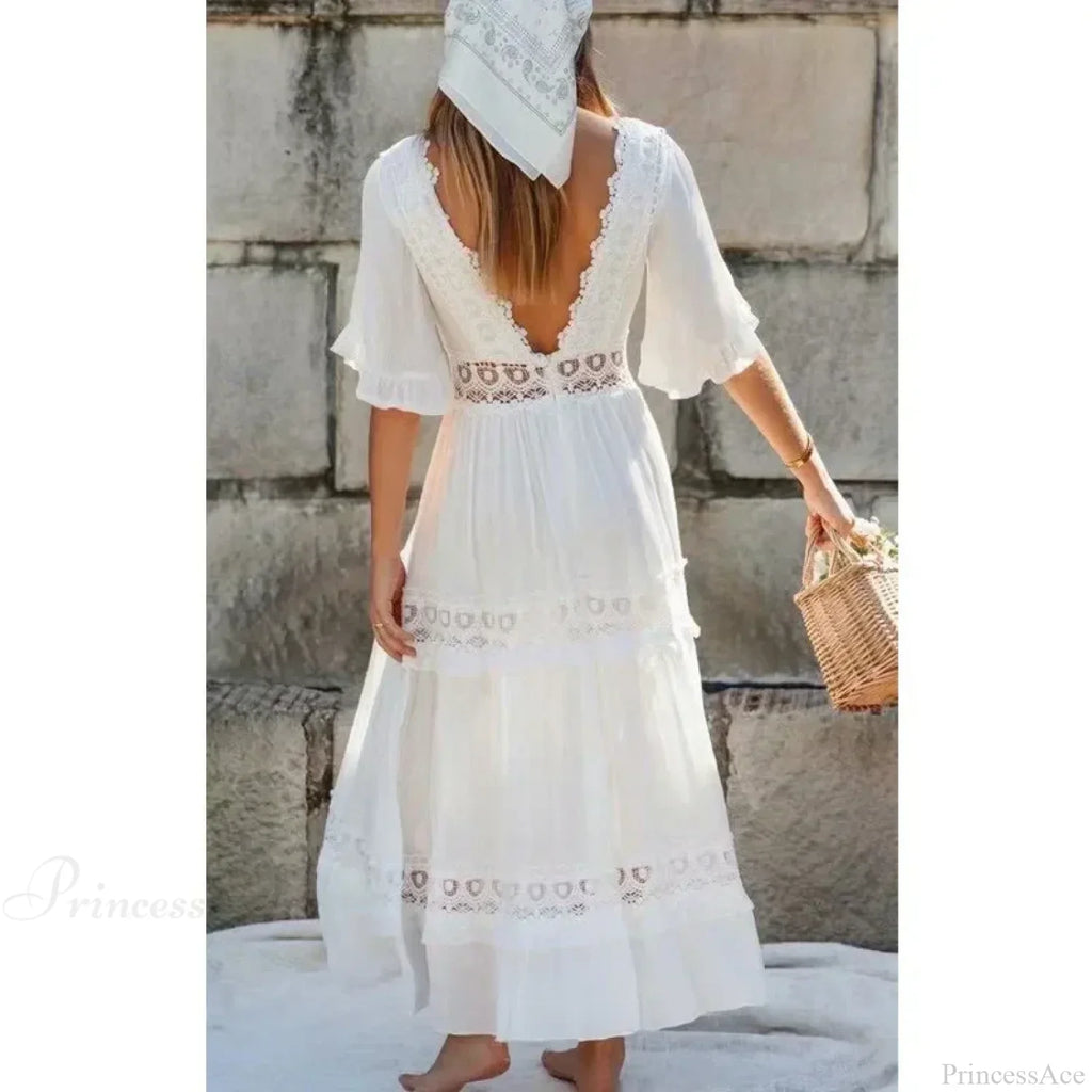 Sexy Deep V-neck Backless Cotton Lace Dress image 2
