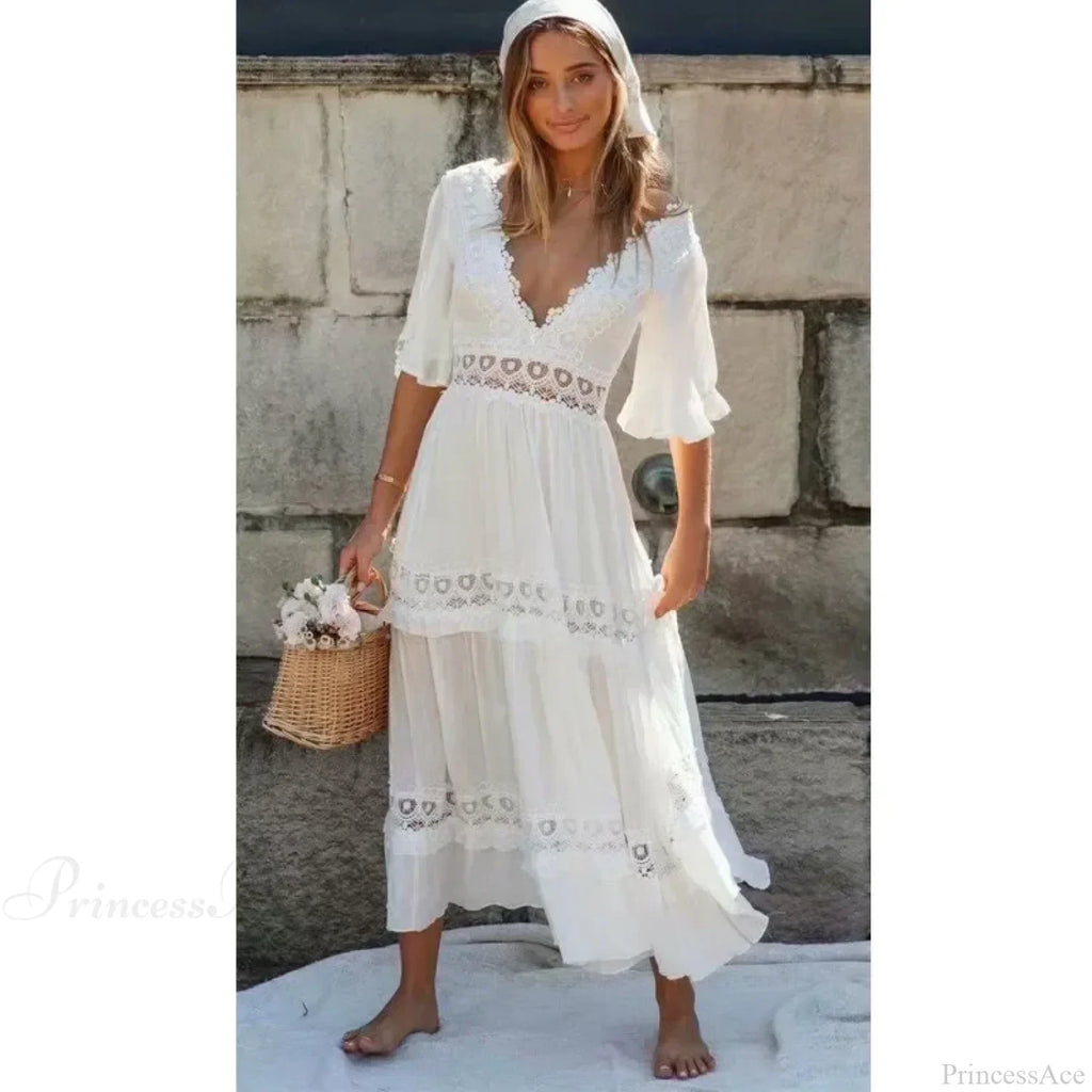 Sexy Deep V-neck Backless Cotton Lace Dress image 1