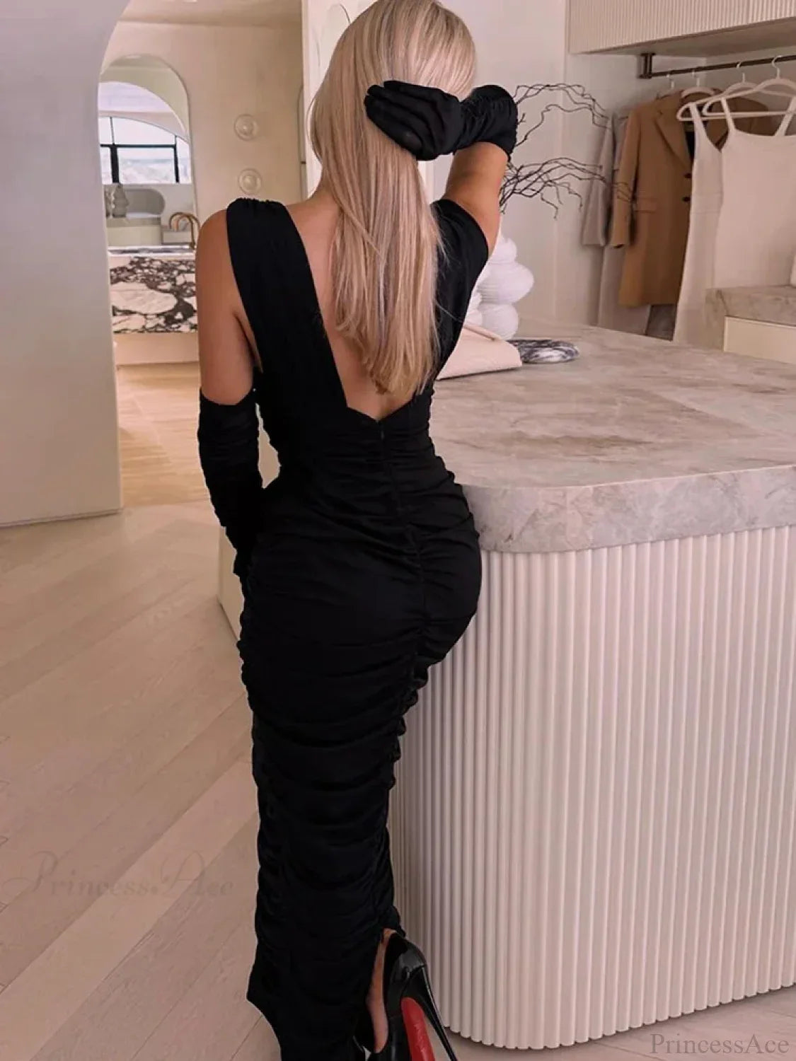Sexy Deep V Neck Gauze Folds Bandage Black Sleeveless Party Dress image 5
