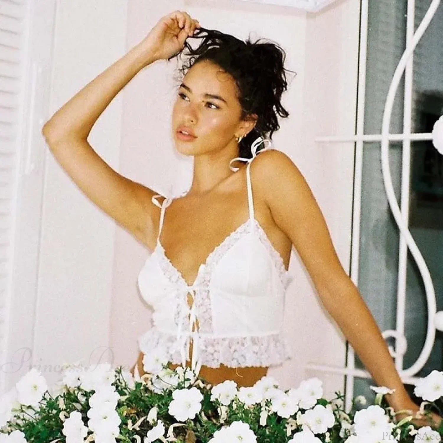 Sexy Deep V-neck Lace Ribbed White Crop Top image 3