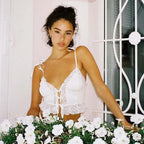 Sexy Deep V-neck Lace Ribbed White Crop Top image 2