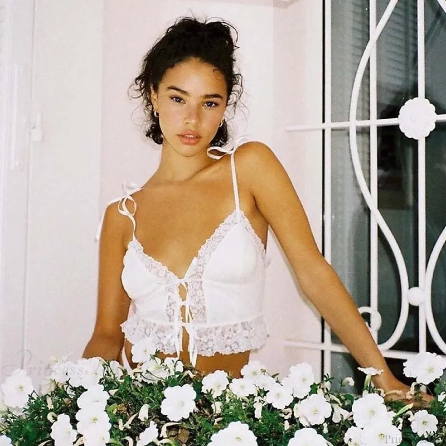 Sexy Deep V-neck Lace Ribbed White Crop Top image 2