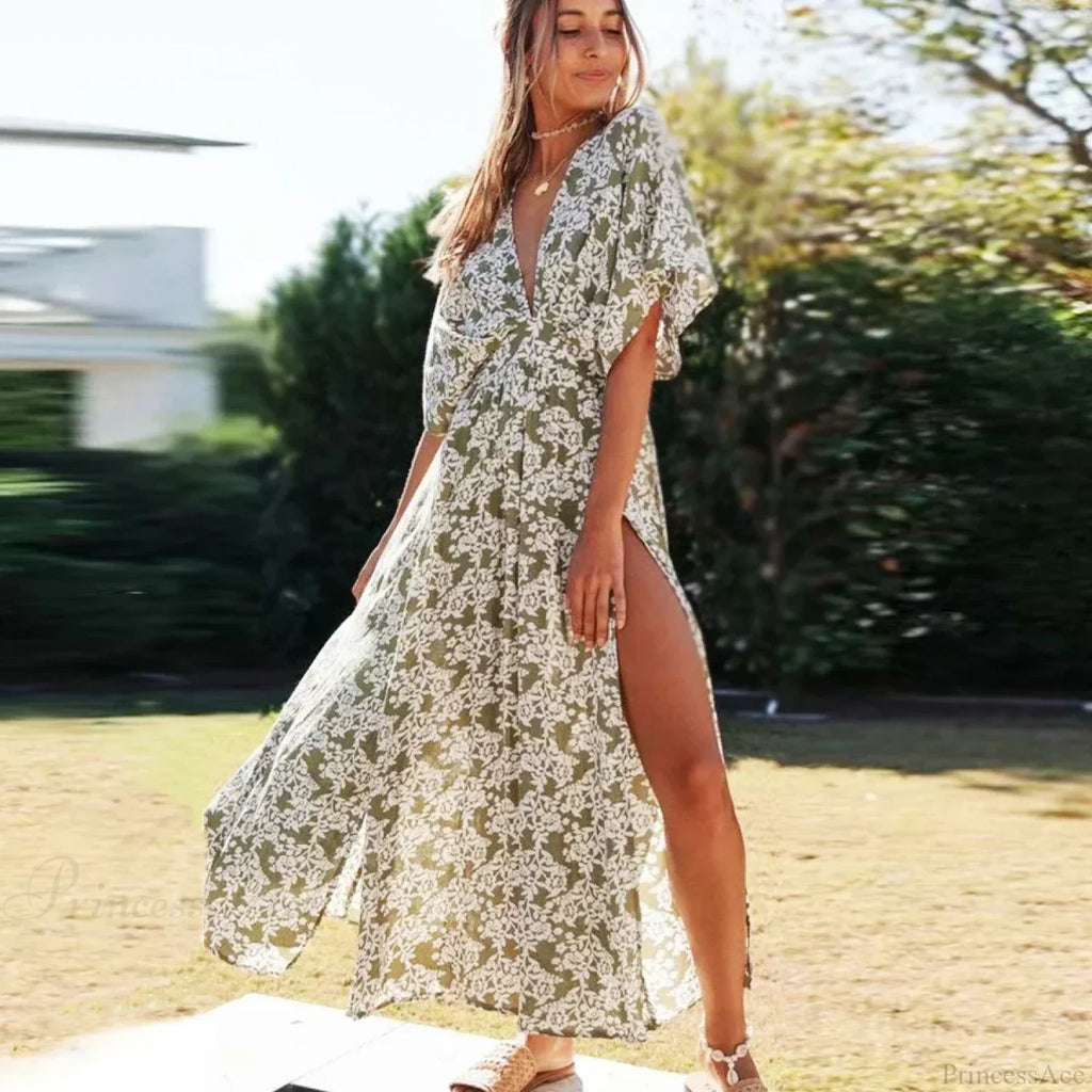 Sexy Deep V-neck Maxi Dress Vintage Floral Print Side Split Boho Dress image 2