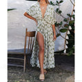 Sexy Deep V-neck Maxi Dress Vintage Floral Print Side Split Boho Dress image 1
