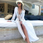 Sexy Deep V-neck White Lace Boho Kimono Bikini Cover up image 2