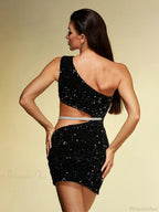 Sexy Diagonal Collar Hollow Out Diamonds Chain One Shoulder Party Dress image 6