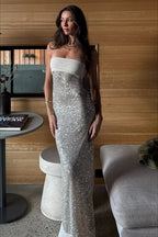 Sexy Elegant Sequin Strapless Fitted Slit Backless Evening Dress image 3