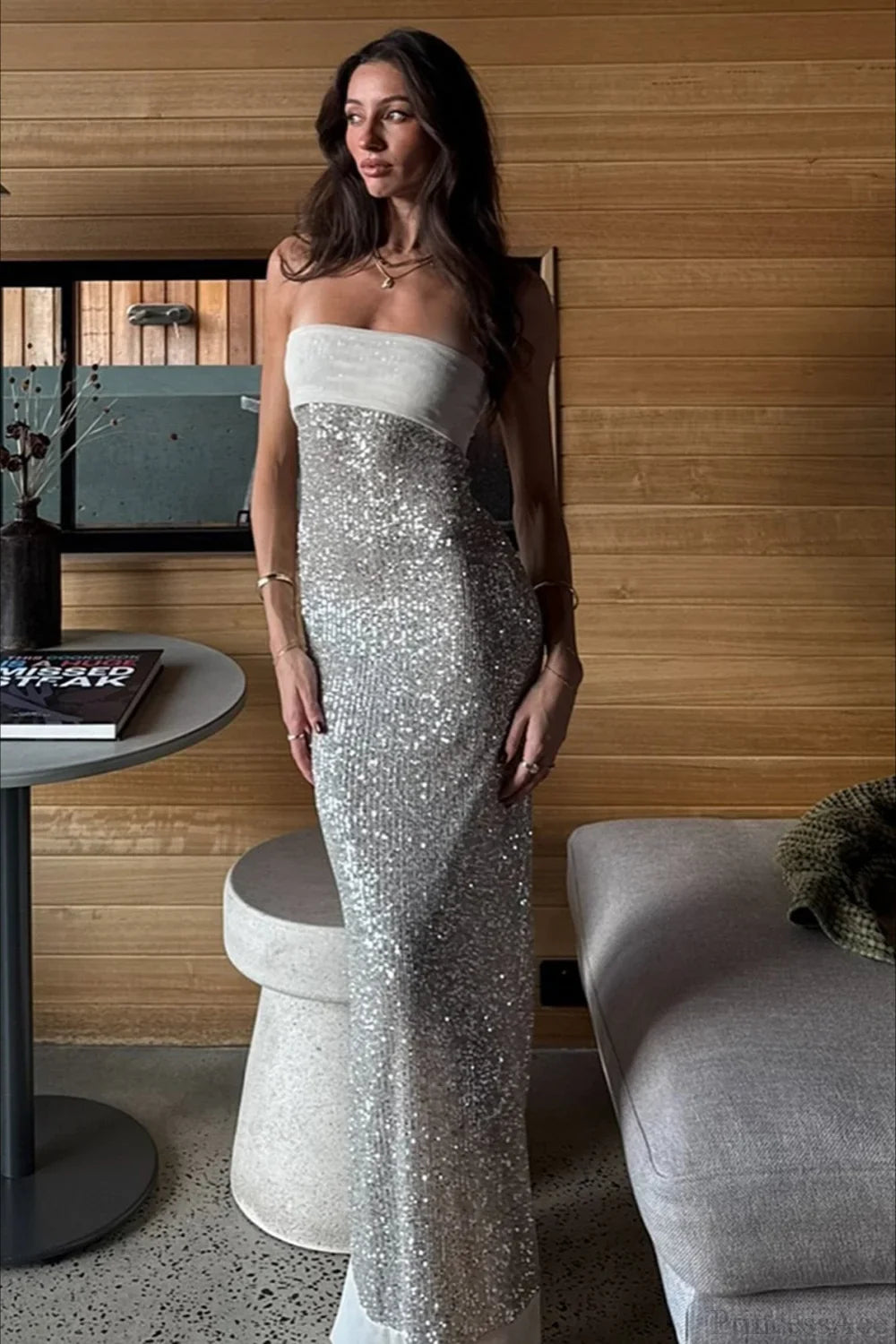 Sexy Elegant Sequin Strapless Fitted Slit Backless Evening Dress image 3