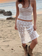 Sexy Floral Lace Strap Tank Camis Crop Top with See-through Long Skirt Set image 4