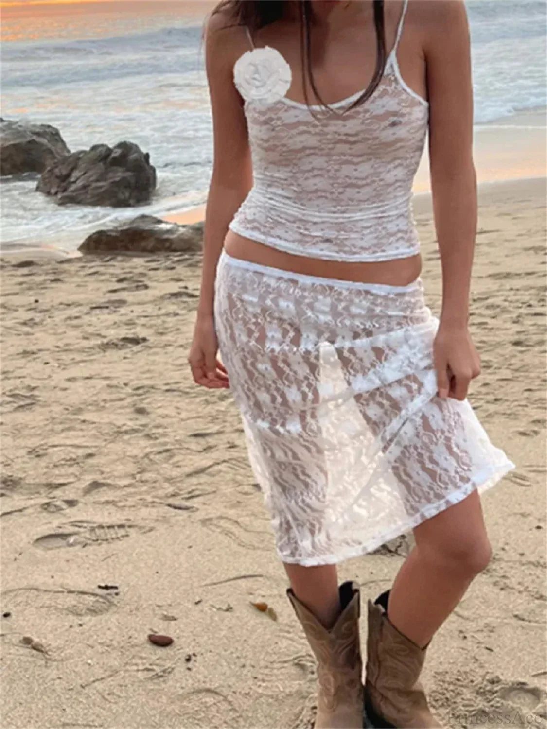 Sexy Floral Lace Strap Tank Camis Crop Top with See-through Long Skirt Set image 4