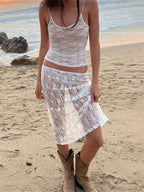 Sexy Floral Lace Strap Tank Camis Crop Top with See-through Long Skirt Set image 2