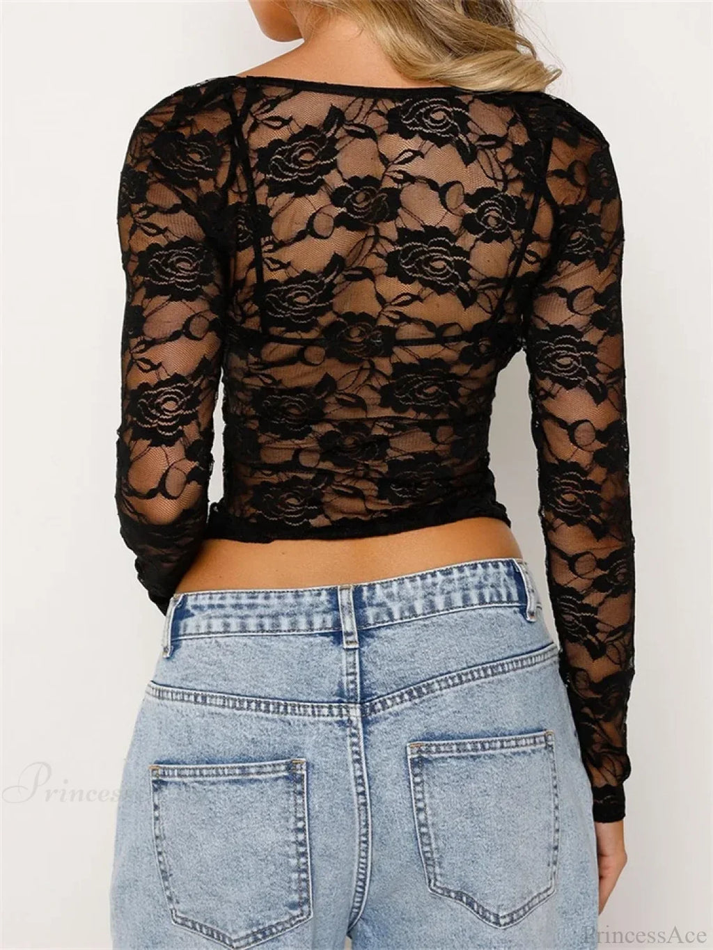 Sexy Floral Mesh Sheer Long Sleeve Crop Top image 5