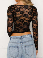 Sexy Floral Mesh Sheer Long Sleeve Crop Top image 5